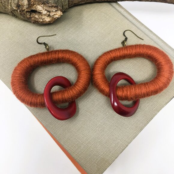 Hand Crafted Jewelry - Handmade Oval Burnt Orange Acrylic Wrapped Chunky Dangle Chain Earrings